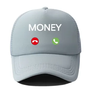 Graue Trucker Cap für Sommer, bequeme Mesh Baseballmütze mit Money Aufdruck und Sonnenschutz.