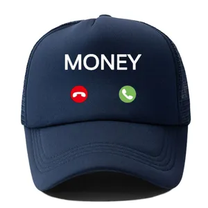 Dunkelblaue Trucker Cap mit Money Print und Anrufsymbolen, atmungsaktive Mesh Kappe Sommer.