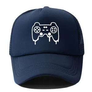 Dark blue trucker baseball hat with white game controller graphic, breathable mesh summer cap.
