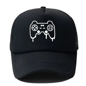 Black mesh baseball cap with white game controller print, casual streetwear sun hat.