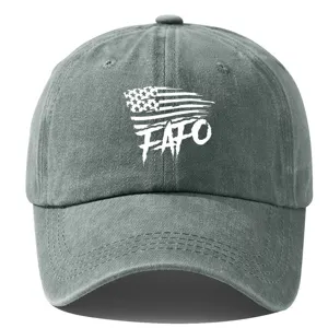 Close-up of the distressed grey dad hat with FAFO graphic and vintage wash design.