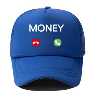 Blaue Trucker Mesh Baseballkappe mit MONEY Druck Detail, atmungsaktiver Sommersonnenhut.