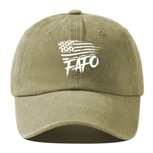 Vintage washed cotton dad hat with distressed US flag and FAFO print, soft top baseball cap.