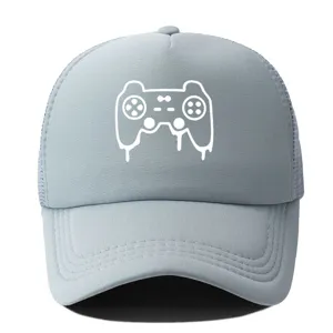 Grey mesh baseball hat featuring a white game controller graphic print, casual summer sun protection.