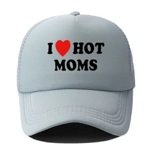Gorra trucker de malla gris con estampado I heart hot moms, gorra de béisbol casual transpirable.