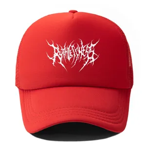 Casquette de baseball trucker rouge avec impression graphique death metal blanche élégante et cool.