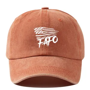 Vintage washed cotton dad hat with distressed USA flag FAFO print casual unisex baseball cap