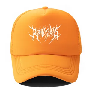 Casquette trucker orange avec impression métal blanche, casquette mesh style été.