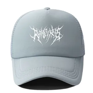 Casquette de baseball trucker grise avec graphique death metal blanc pour tous.