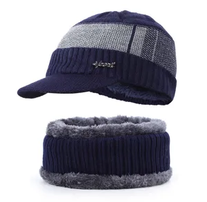 Men winter warm knitted hat and scarf set plush lined thick windproof beanie cap