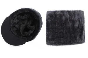 Men winter warm knitted hat and fleece neck scarf set, thick thermal beanie cap for cold weather.