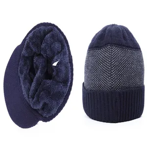 Bonnet en tricot doublé de polaire d'hiver avec visière bonnet chaud et épais pour hommes femmes