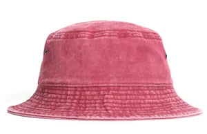 Detail view of a vintage washed pink denim bucket hat with metal eyelets for outdoor.