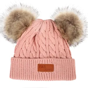 Cute Kids Acrylic Cable Knit Beanie Faux Fur Double Pom Poms Winter Warm Brimless Solid Color Hat For Toddler Infants