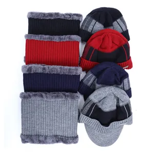 Men Winter Knitted Hat And Neck Warmer Set Warm Fleece Lined Skull Cap With Visor Windproof Outdoor Sport Beanie For Cold Weather