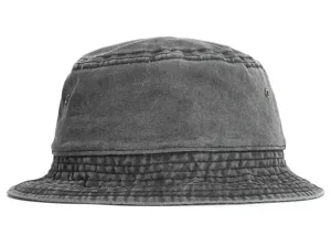 Close-up detail of the vintage washed denim bucket hat showing textured fabric and stitching.