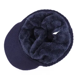 Men winter thick fleece lined knitted cap warm visor beanie stylish outdoor hat navy blue