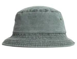 Detailed view of the vintage washed denim bucket hat, casual solid color flat top design.