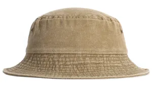 Detailed view of the washed denim bucket hat texture, showing the vintage khaki cotton fabric.