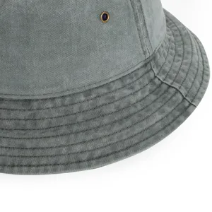 Washed denim bucket hat for women and men, vintage casual solid color flat top sun hat.