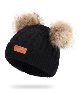 Kids winter warm double pom pom knit hat cute baby black thick woolen beanie cap for kids
