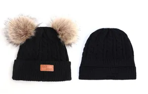 Children winter double pom pom knit beanie black wool cap cute baby warm knit hat set