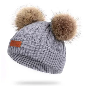 Kids winter grey knit beanie hat with double fluffy pom poms toddler warm cap detail