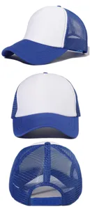 Blue and white trucker hat with mesh back, breathable snapback cap for custom logo printing.