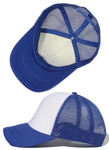 Blue and white trucker cap with breathable mesh back, foam front panel, and snapback closure.