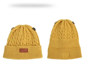 Yellow cable knit beanie hat with leather label and side buttons, warm winter casual cap.