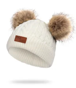Kids double pom-pom knitted beanie hat in white cozy winter warm soft wool cap detailed label
