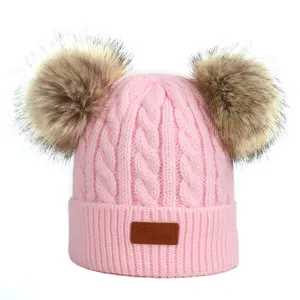 Cute Children Winter Cable Knit Beanie Hat With Double Faux Fur Pom Poms Warm Acrylic Infant Baby Knit Soft Skull Cap For Toddlers Kids