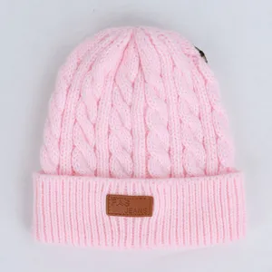 Pink cable knit beanie winter warm slouchy skull cap with stylish leather patch for women