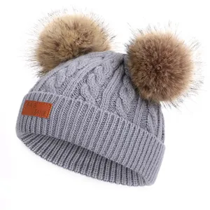 Kids double pom pom knit beanie hat cute gray winter warm cap for baby boys and girls