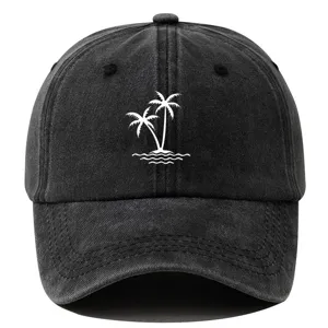 Washed cotton baseball cap with palm tree graphic, distressed vintage black summer dad hat.
