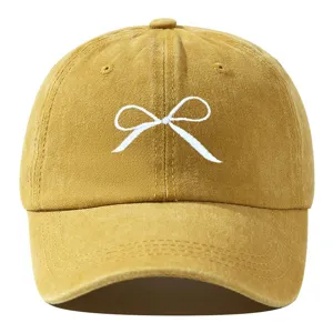 Casquette de baseball lavée jaune pour femme avec joli nœud brodé blanc, chapeau de soleil.