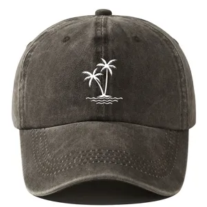 Washed cotton baseball cap featuring palm tree print, distressed vintage summer dad hat.