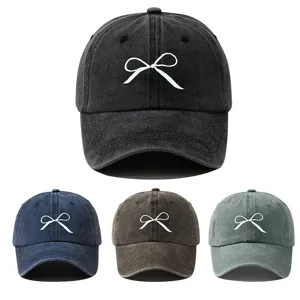 Casquette de Baseball en Polyester Lavé Délavé Casquette à Visière Nœud Brodé Décontracté Protection Solaire Réglable Extérieur pour Femmes