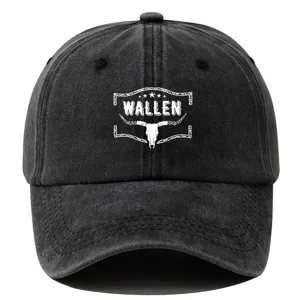 Gewassen zwarte katoenen honkbalpet met western stierschedel en Wallen tekstprint.