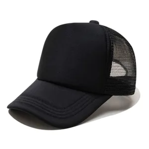Classic black trucker hat with breathable mesh back and comfortable foam front panel.