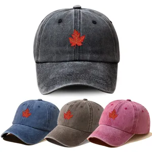 Vintage Washed Polyester Baseball Cap Red Maple Leaf Embroidered Adjustable Outdoor Sunshade Hat For Men And Women
