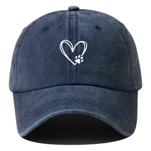 Gewassen Polyester Honkbalpet Met Hart Hondenpoot Print Verstelbare Distressed Zonnehoed Voor Outdoor Vrije Tijd Dagelijks Gebruik