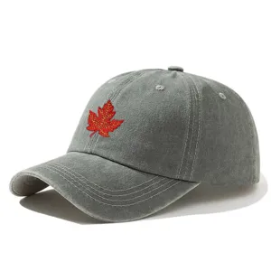 Vintage washed grey baseball cap with red maple leaf embroidery for outdoor sun protection.