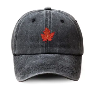 Vintage washed cotton baseball cap with red maple leaf embroidery, unisex outdoor sun hat.
