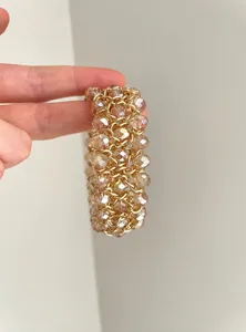 Brazalete ancho vintage de cuentas de cristal, elegante joya manecilla cadena dorada.