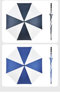 Grote 8-ribs golfparaplu met blauw-wit paneeldesign, duurzame rechte stok paraplu.