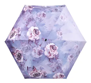 Close-up detail of the elegant purple oil painting rose floral print compact mini umbrella.