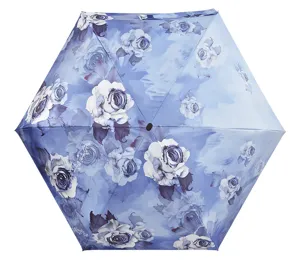 Compact six-fold mini umbrella with blue watercolor rose floral print for daily sun rain use detail