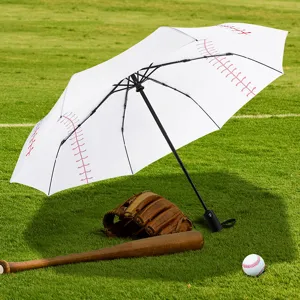 Paraguas Completamente Automático Plegable Estampado Costura de Béisbol Retro Deportivo Americano Impermeable Protección Solar Tejido Pongee Paraguas de 3 Pliegues
