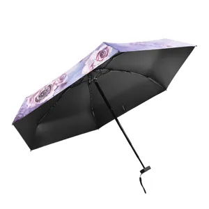 Mini Six-Fold Pocket Umbrella Artistic Oil Painting Rose Print Black Coating Sun Protection Sun Rain Umbrella For Women Compact Portable Parasol